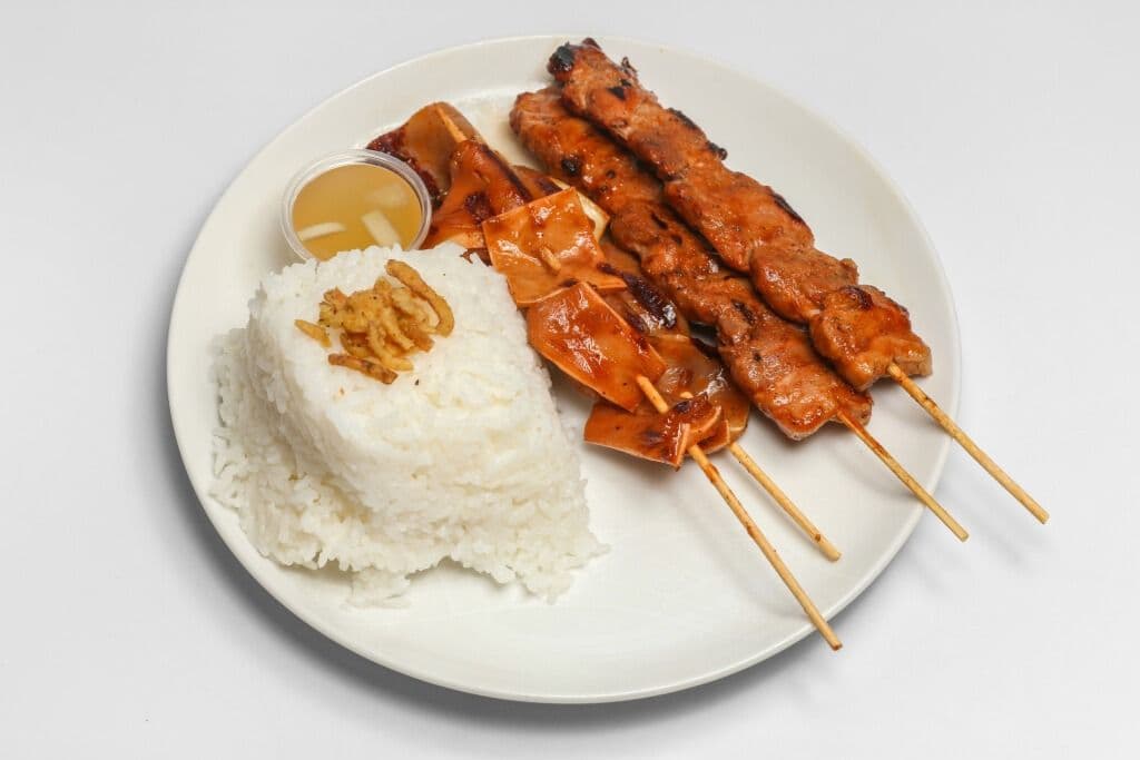 Two Pieces Pork Skewer, Two Pieces Pork Ears with Rice