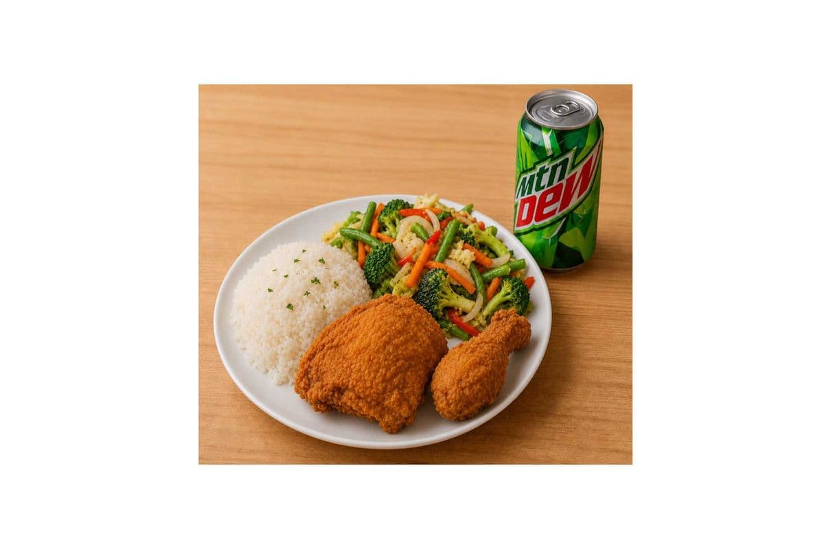 Fry Chicken with Rice, Steamed Veggies and Mountain Dew