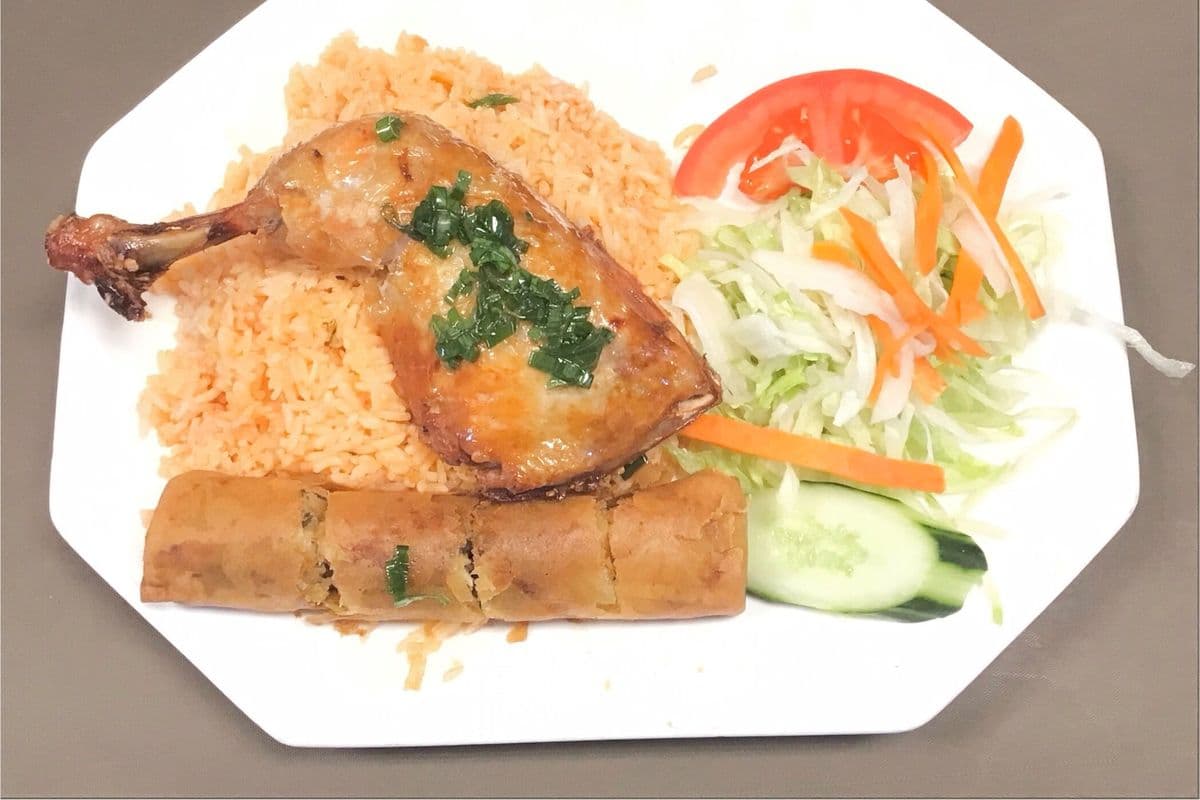 C2. Roti Chicken, Spring Roll on Red Rice / Cơm Gà Roti, Chả Giò
