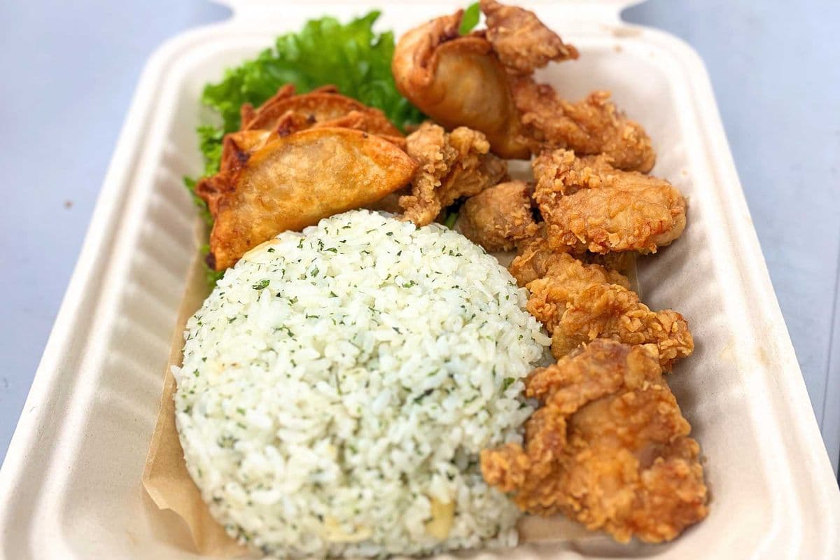 Garlic Butter Fried Rice & Pork Gyoza Dumplings w/Fried Chicken