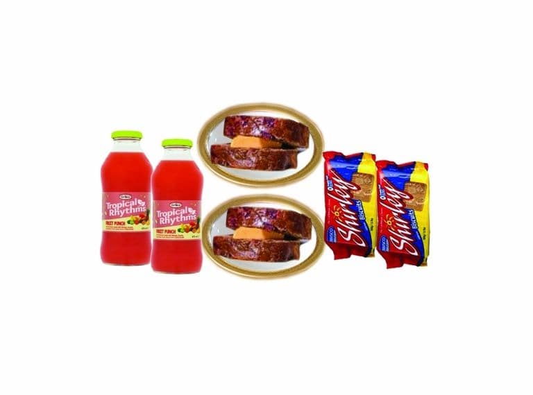 Two Jamaican Bun and Cheese - 2 Ovaltine Biscuits And Fruit Punch Drinks