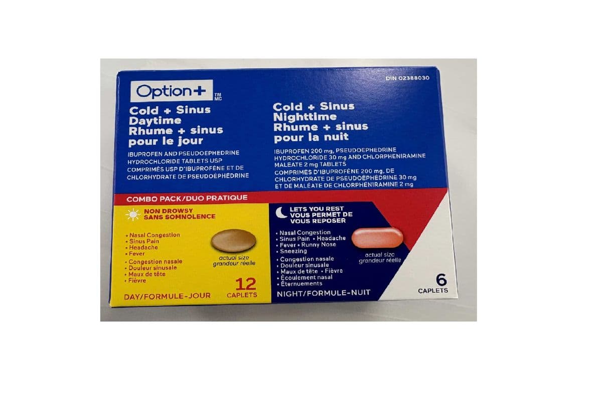 OPTION+ IBUPROFEN AND PSEUDOEPHEDRINE COLD AND SINUS DAY AND NIGHT 18 PACK (18 CAPLETS )