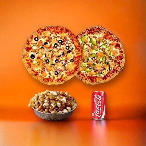 Promotion 6: Inclus 2 pizzas 10 po (choix de 3 ingrédients), 1 petite poutine (sauce brune), et 1 breuvage