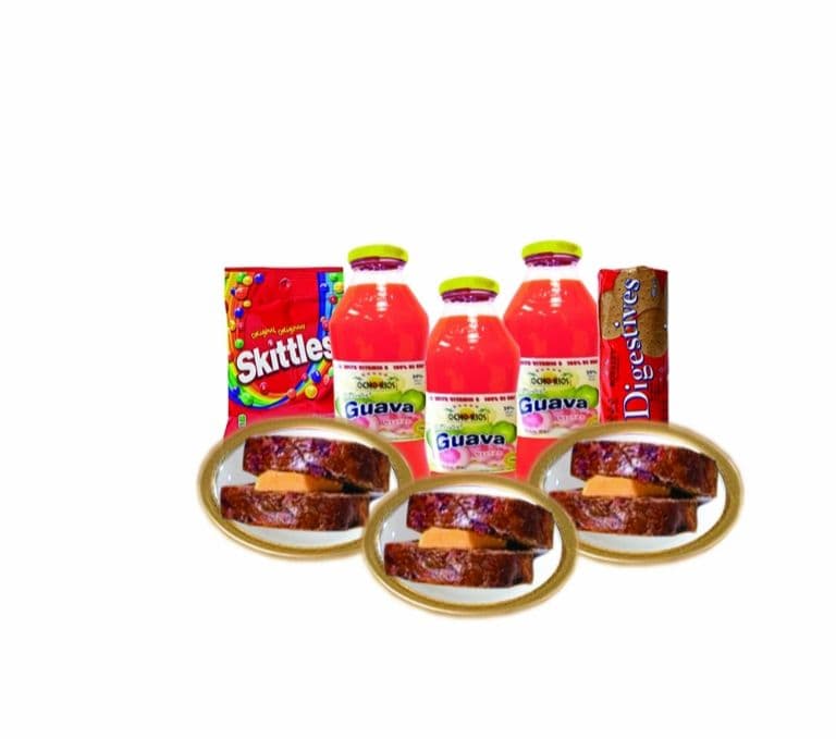 3 Jamaican Buns and Cheese - Digestive Biscuit - Skittles And 3 Tropical Fruit Drinks