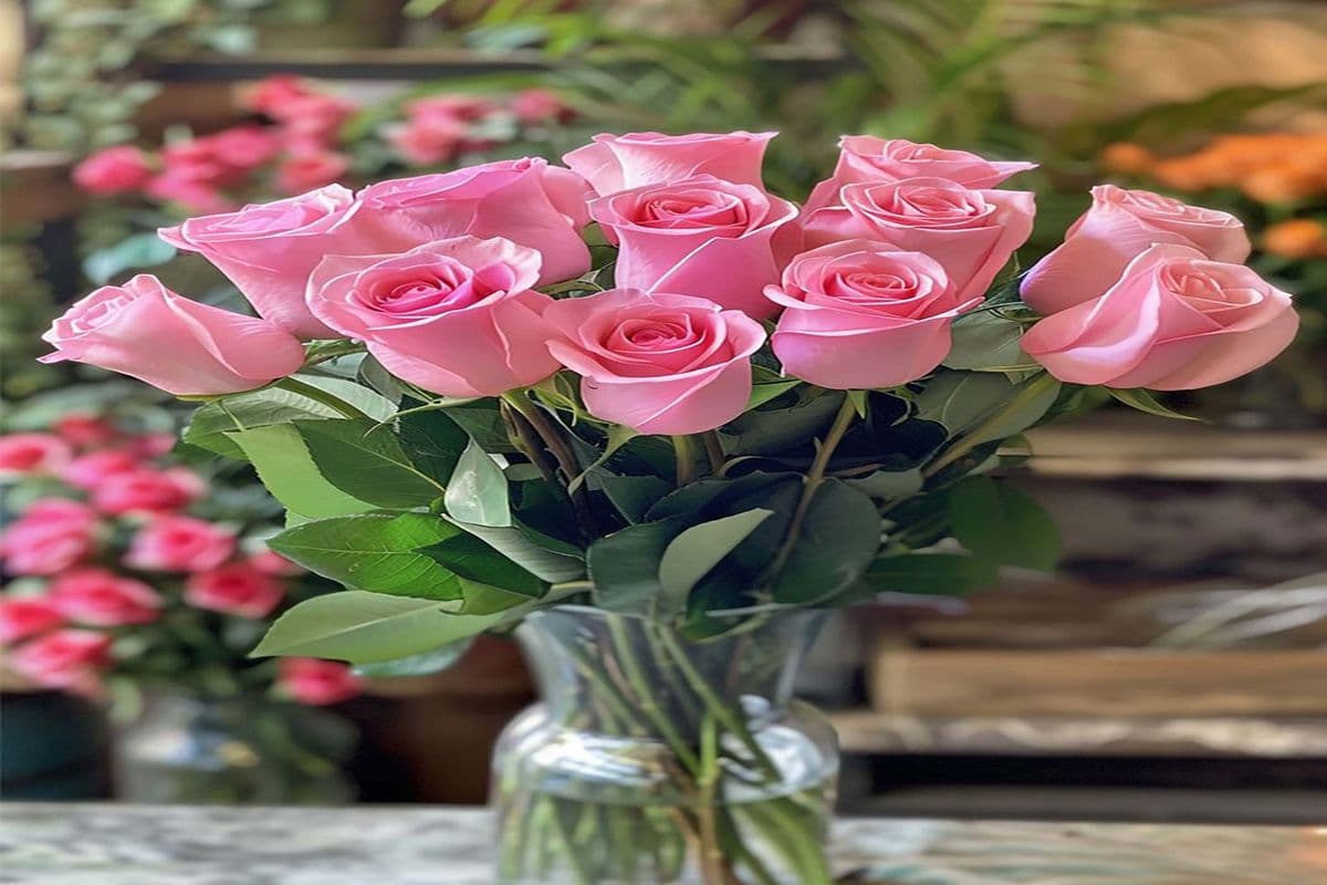12 Premium Pink Roses in a Vase