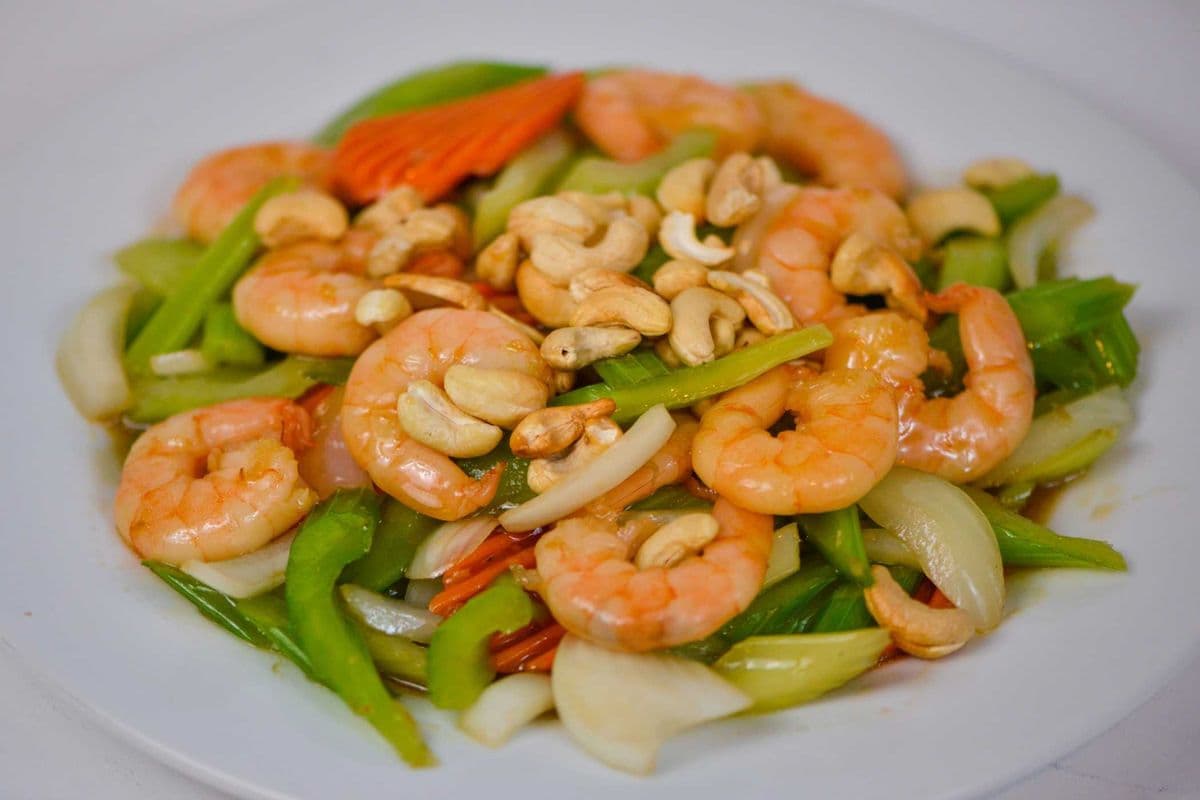 74. Stir-Fried Prawns, Celery, and Cashew Nuts (with Carrots and white Onions) - Tom Xao Rau Cai Hot Dieu