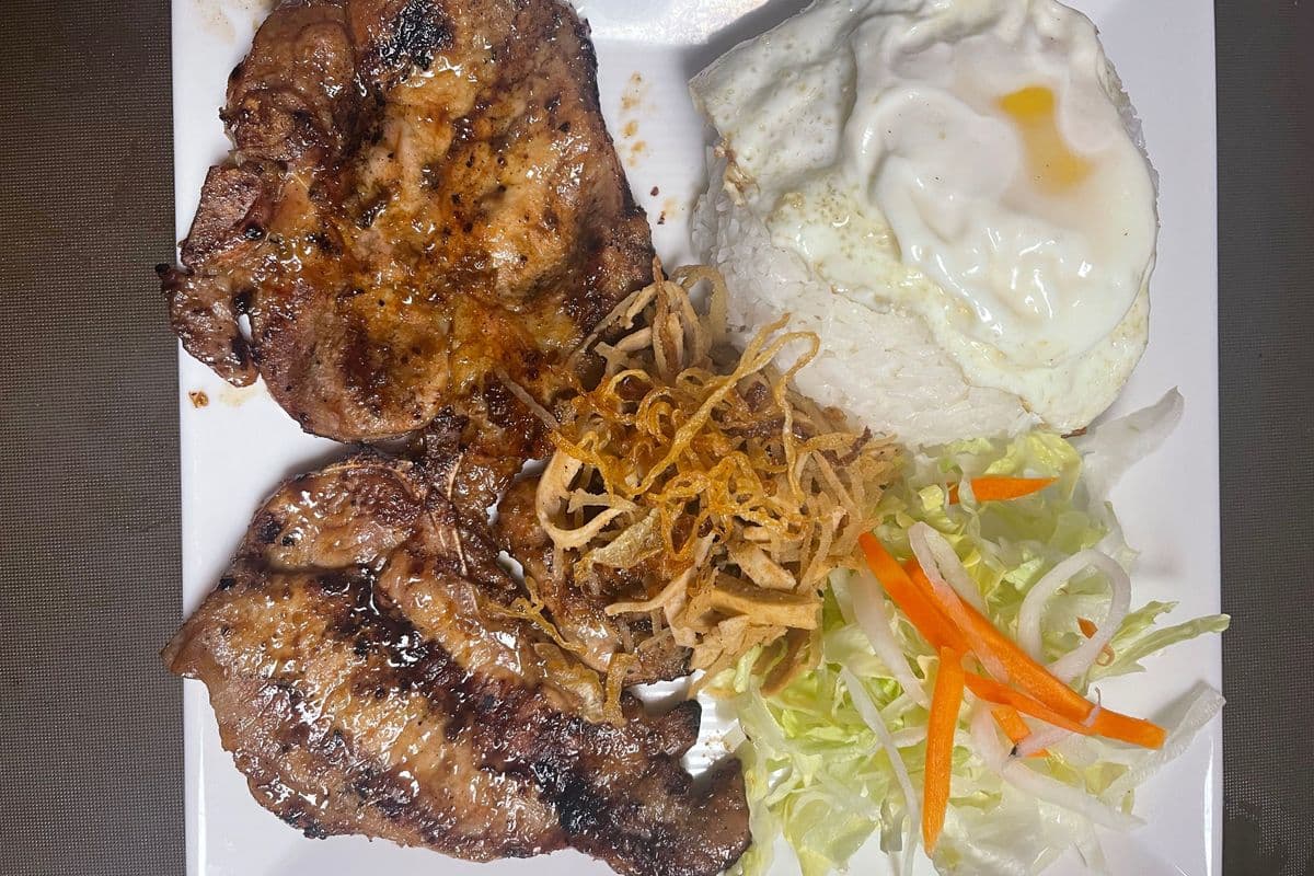 54. Grilled Lemongrass Pork Chop, Shredded Pork, Egg on Rice - Cơm Sườn Nướng Sả Bì Trứng