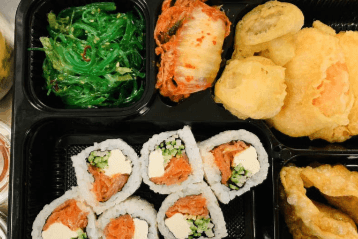 03 Philadelphia Roll (6pcs), Chicken Gyoza (2pcs), Yam Tempura (2pcs), and Mushroom Tempura (2pcs)