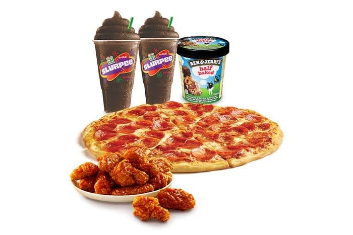 1 Large Pizza, 2 Large Slurpee, 10 Buffalo Chicken Wings, Ben & Jerry's Ice Cream