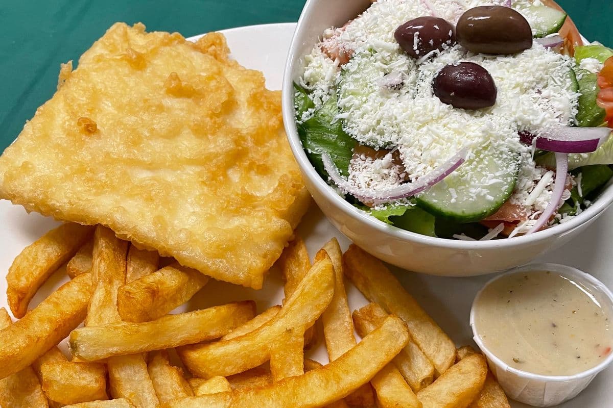Halibut with Chips and Greek Salad