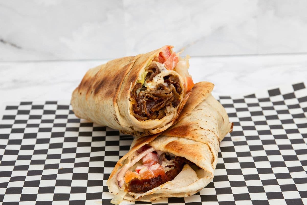 Mixed beef donair and chicken shawarma wrap large