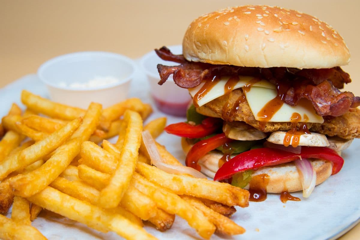 Bourbon Chicken Burger with Fries