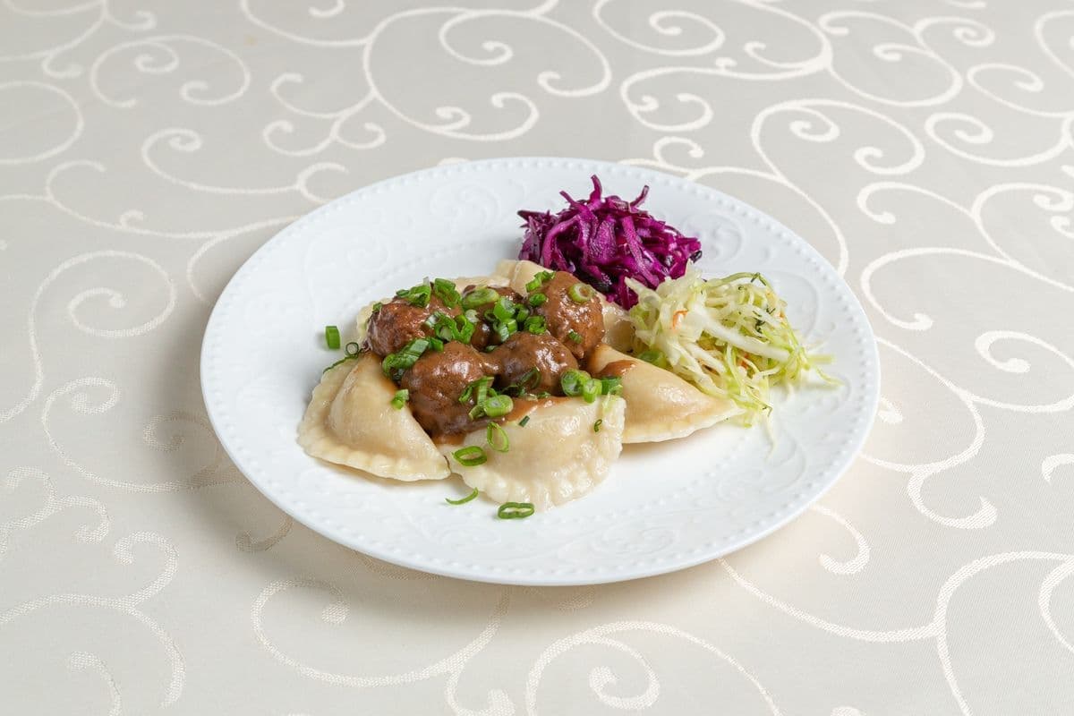 Pierogi with Beef Meatballs in Mushroom Sauce & Coleslaw