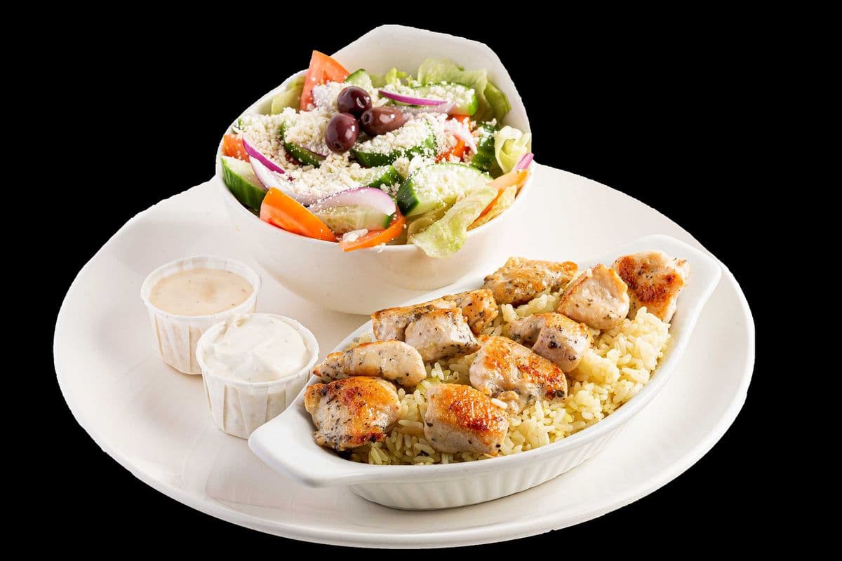 Chicken Souvlaki with Rice and Greek Salad