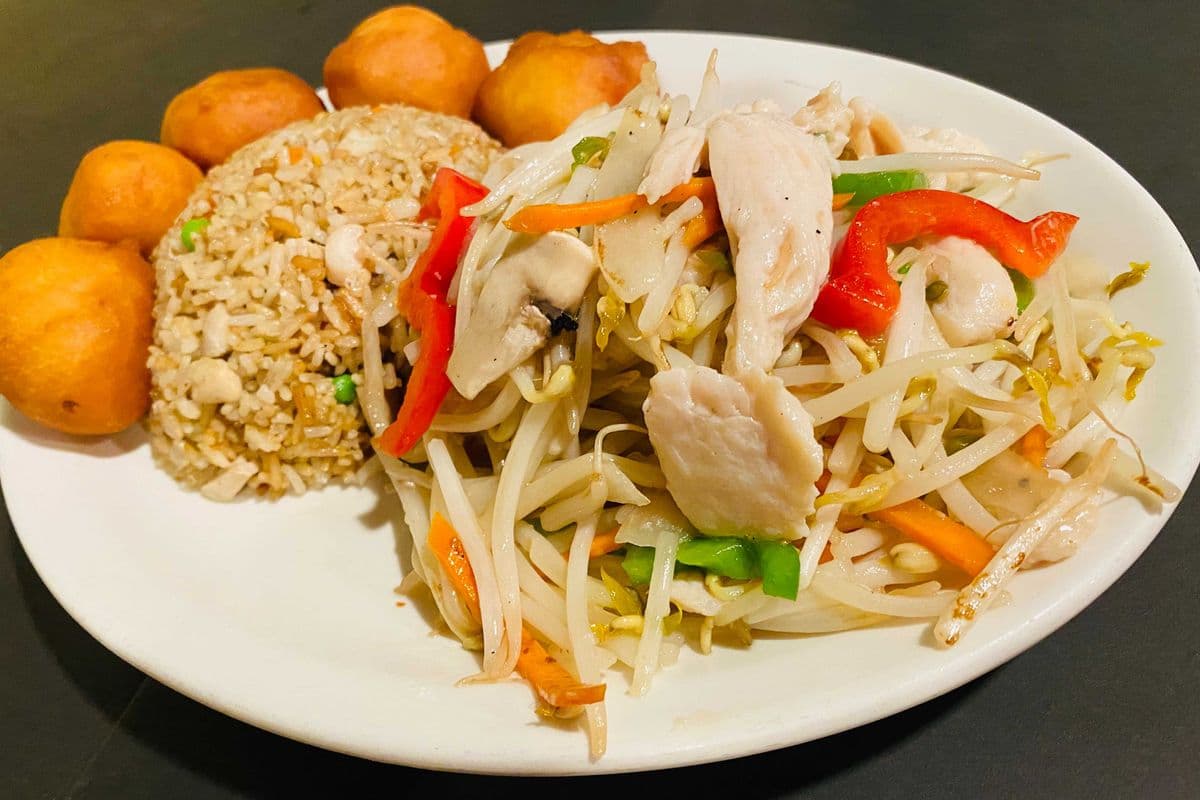 (6) Spring Rolls or Egg Roll, Sweet & Sour Chicken Balls, Chicken Chop Suey, Chicken Fried Rice