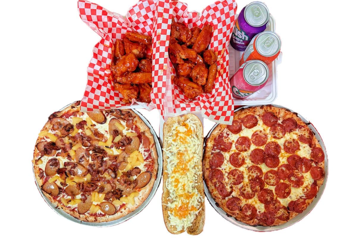 Two Six-Topping Combined Medium Pizzas with 20 Wings Garlic Bread w/Cheese & 3 Pops