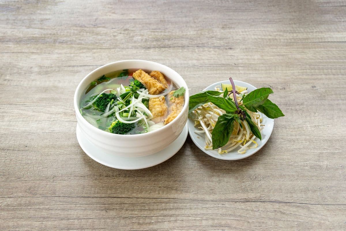 V4. Vegetable and Fried Tofu Rice Noodle Soup - Pho Rau Cai Dau Hu