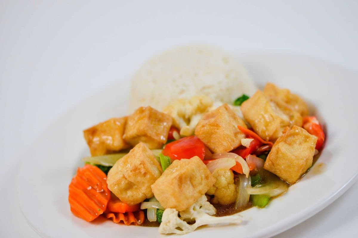 95. Stir-Fried Mixed Vegetables and Tofu (Served with Steamed Rice on the side) - Dau Hu Xao Rau Cai Thap Cam