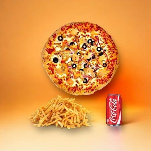 Promotion 9: Inclus 1 pizza 10 po (choix de 3 ingrédients), 1 petite frite, 1 breuvage