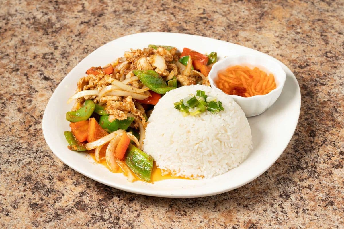 53. Satay Chicken or Beef with Bell Peppers and Onions on Rice - Com Ga (Hoac Bo) Xao Sate Ol and Hanh
