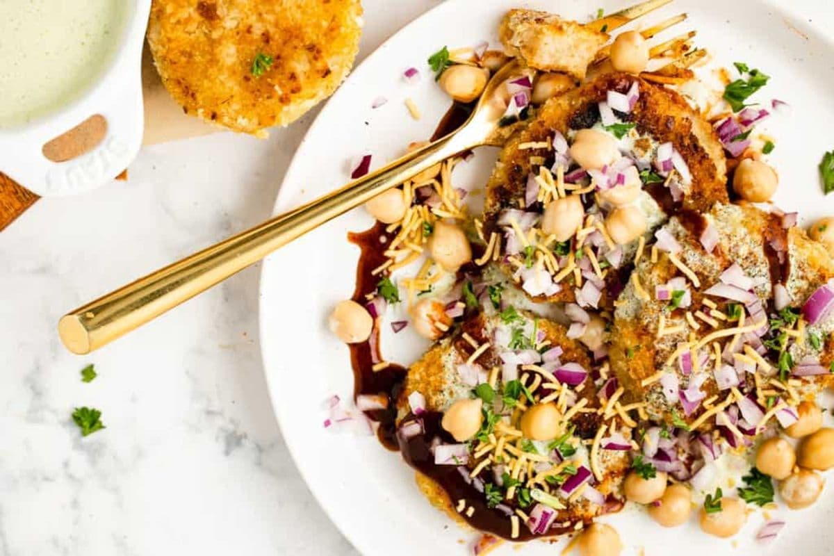 Aloo Tikki Chaat (Potato, Pea Cake, and Chana)