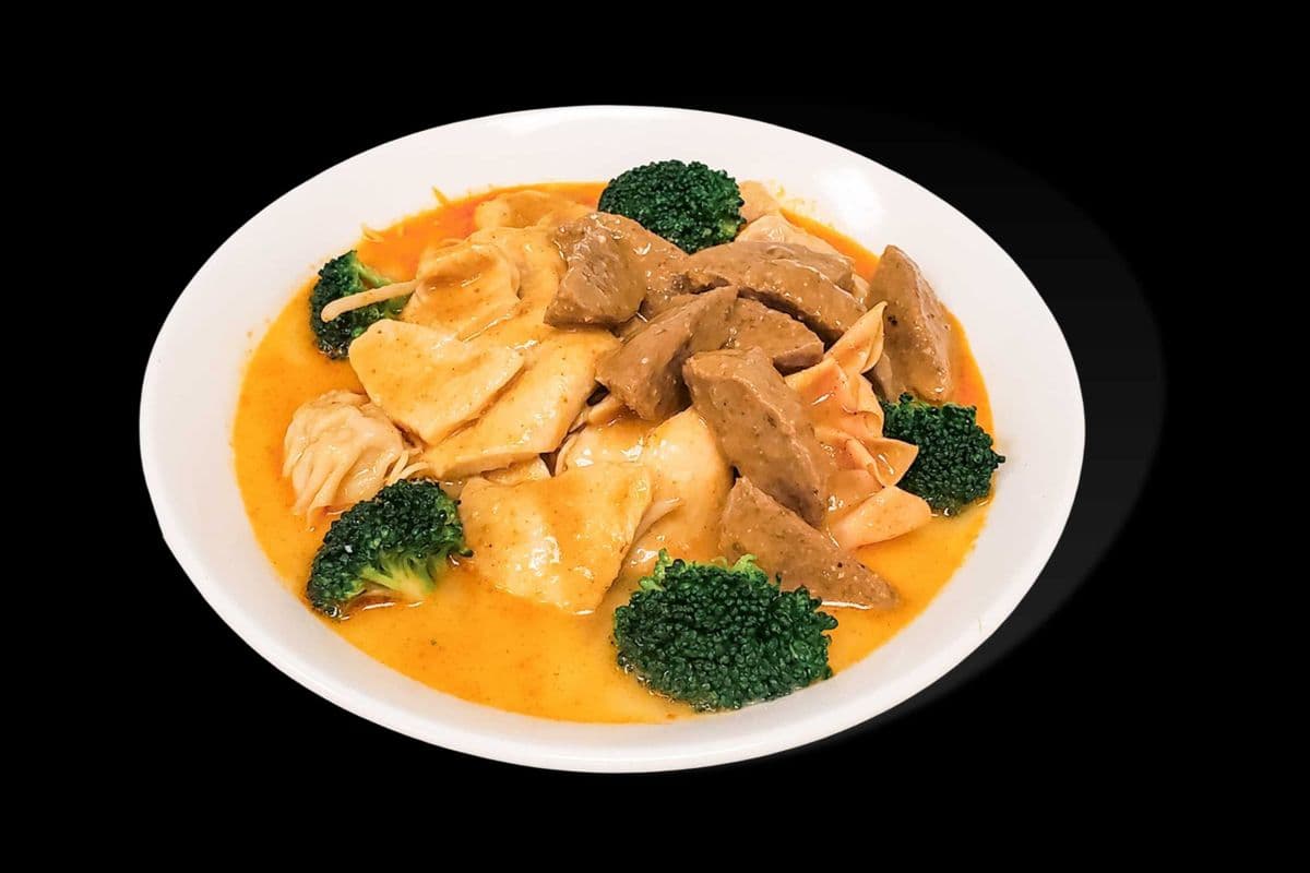 B8. Curry Beef Ball, Chicken, and Wonton Vegetable Noodle Soup
