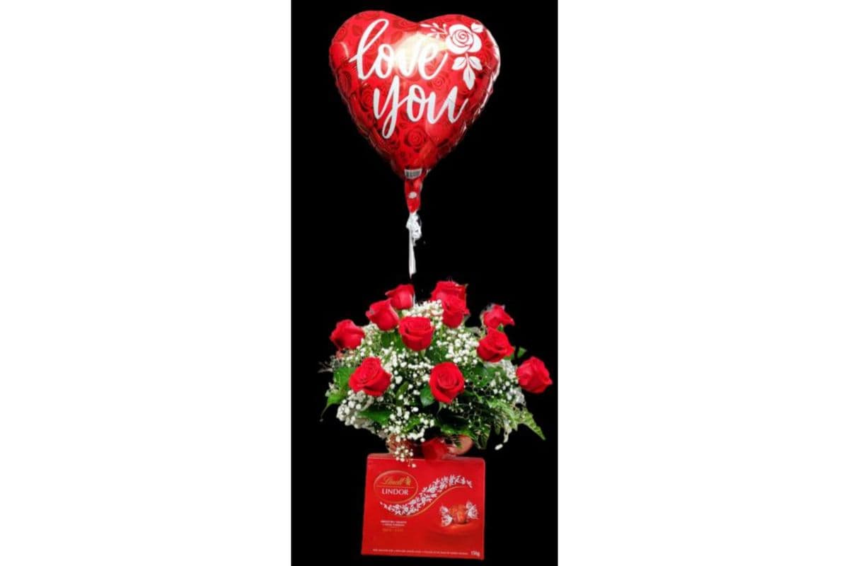One Dozen Roses with Chocolates and Mylar Balloon