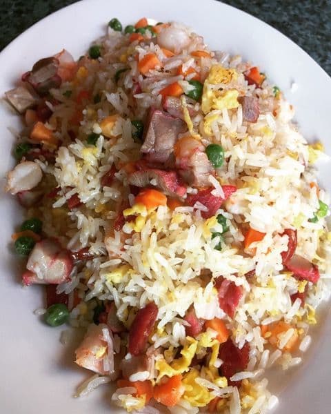 55. Vietnamese Fried Rice with Shrimp, BBQ Pork, Egg, and Mixed Green Bean and Carrots
