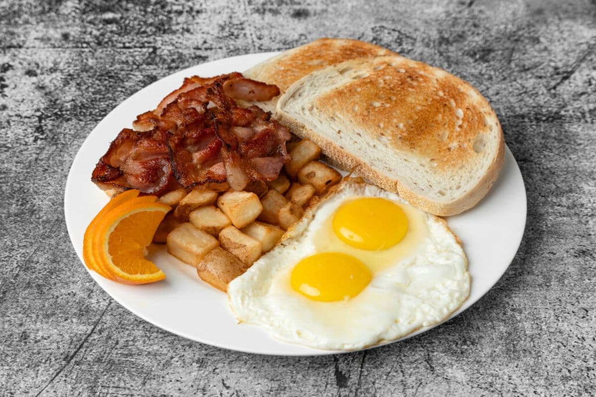 Bacon and Eggs, Toast and Hash Browns