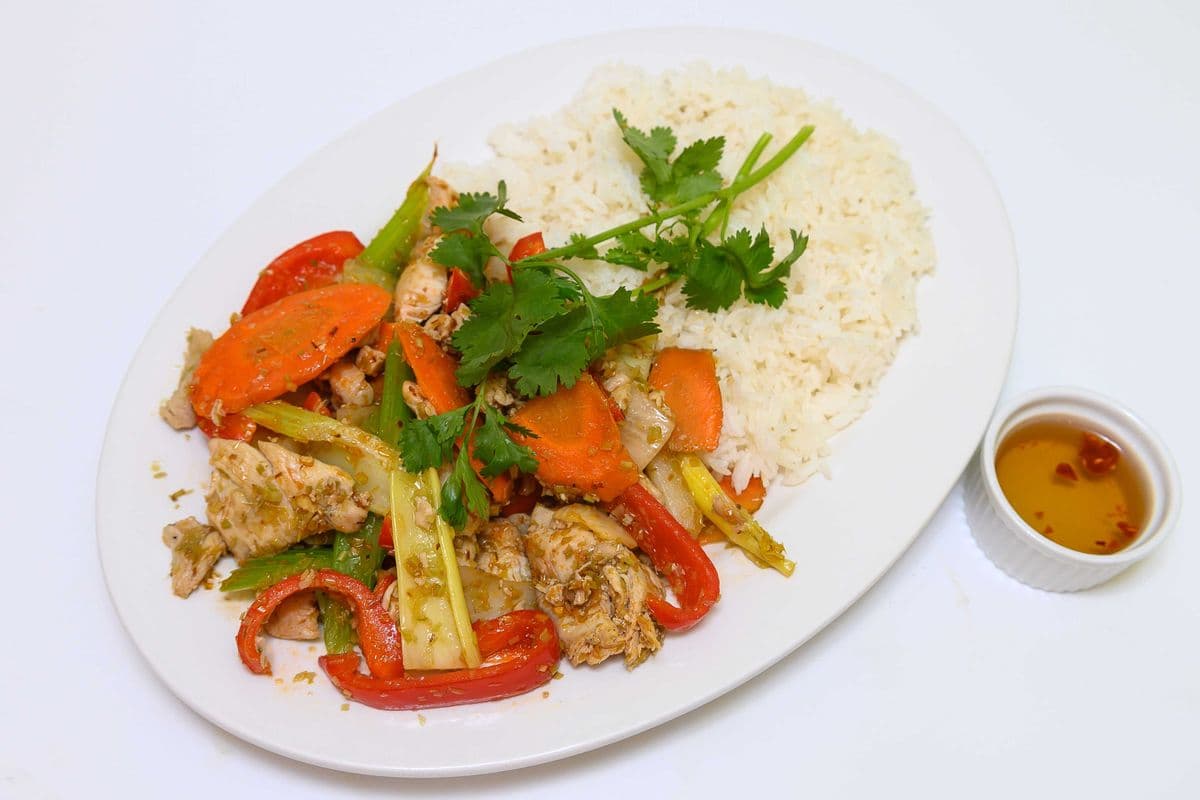 75. Spicy Stir Fried Lemongrass Chicken and Vegetables on Steamed Rice