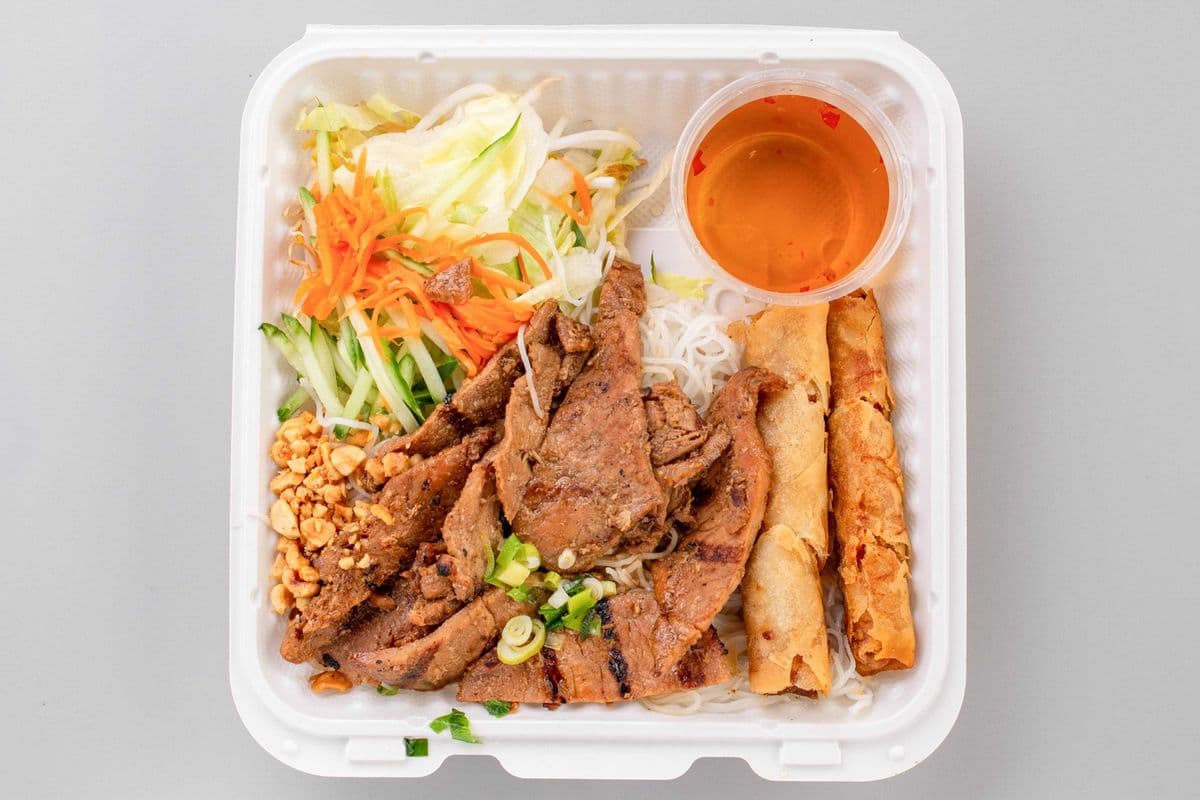 62. Charbroiled Pork & Spring Rolls on Rice Vermicelli