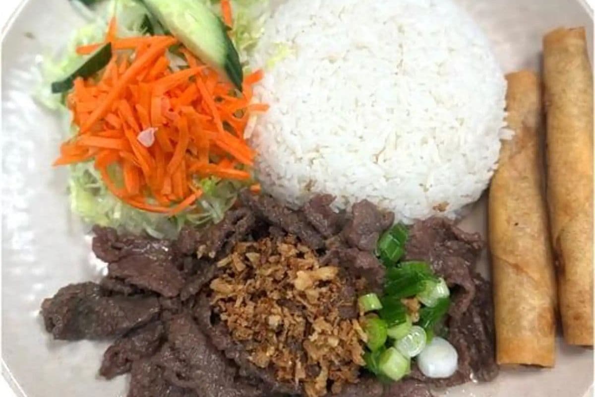 49. Grilled Beef, Spring Roll on Steamed Rice