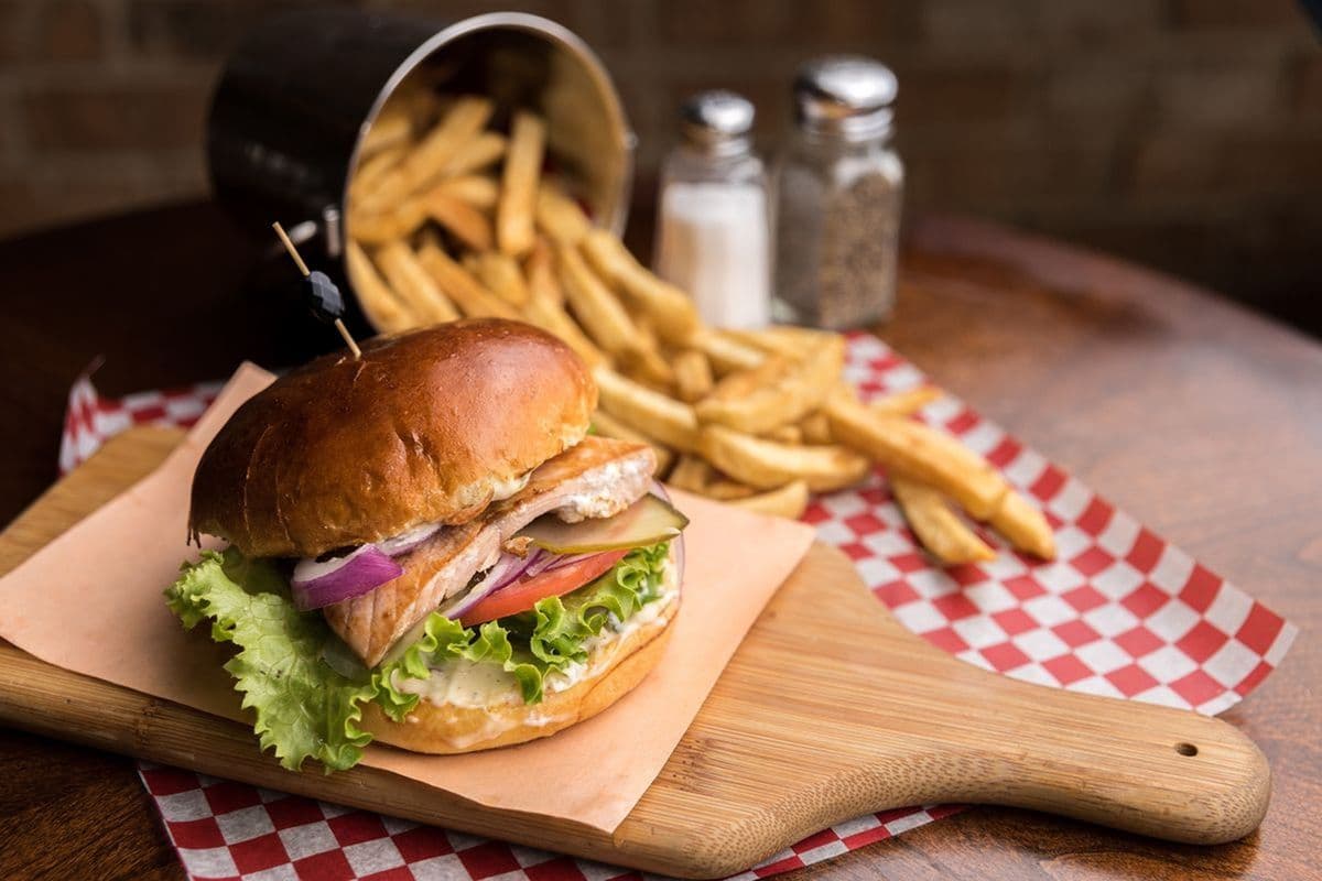 Salmon Burger with Fries and Dip