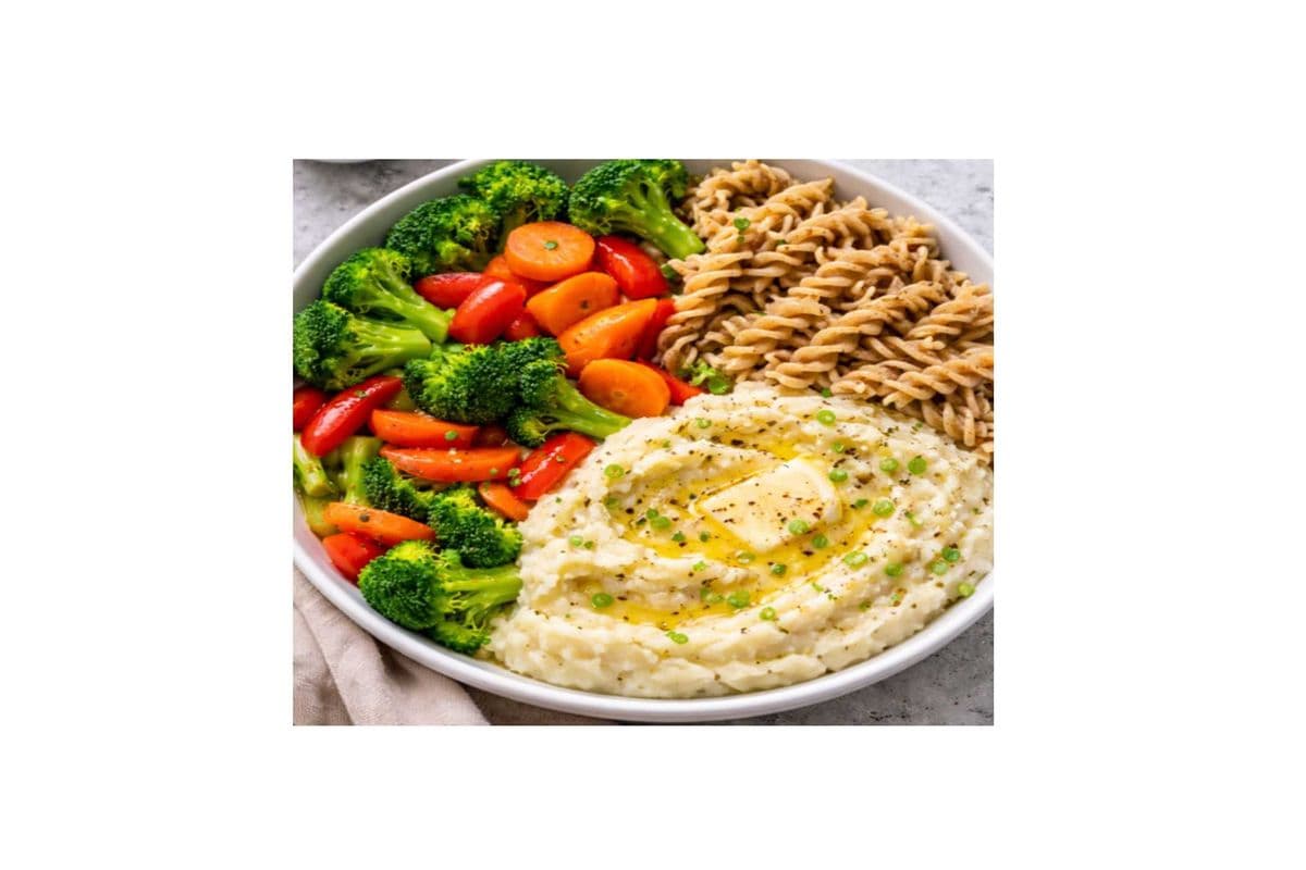 Pasta with Steamed Veggies and Mashed Potatoes