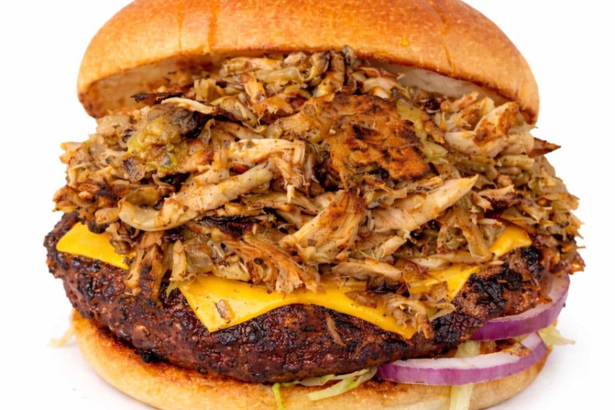 Pulled Jerk Chicken Cheeseburger