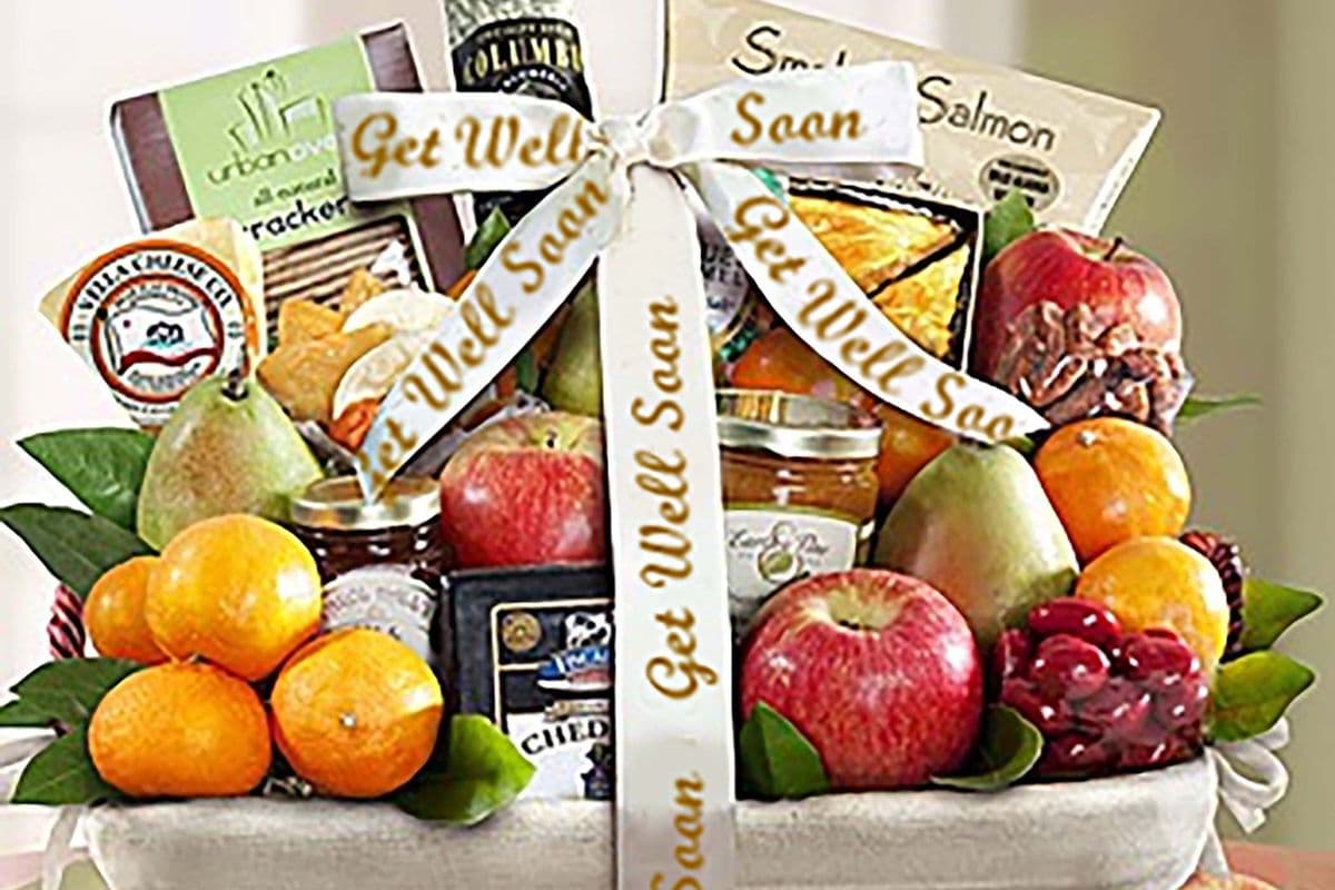 Get Well Ribbon Fruit and Gourmet Gift Basket
