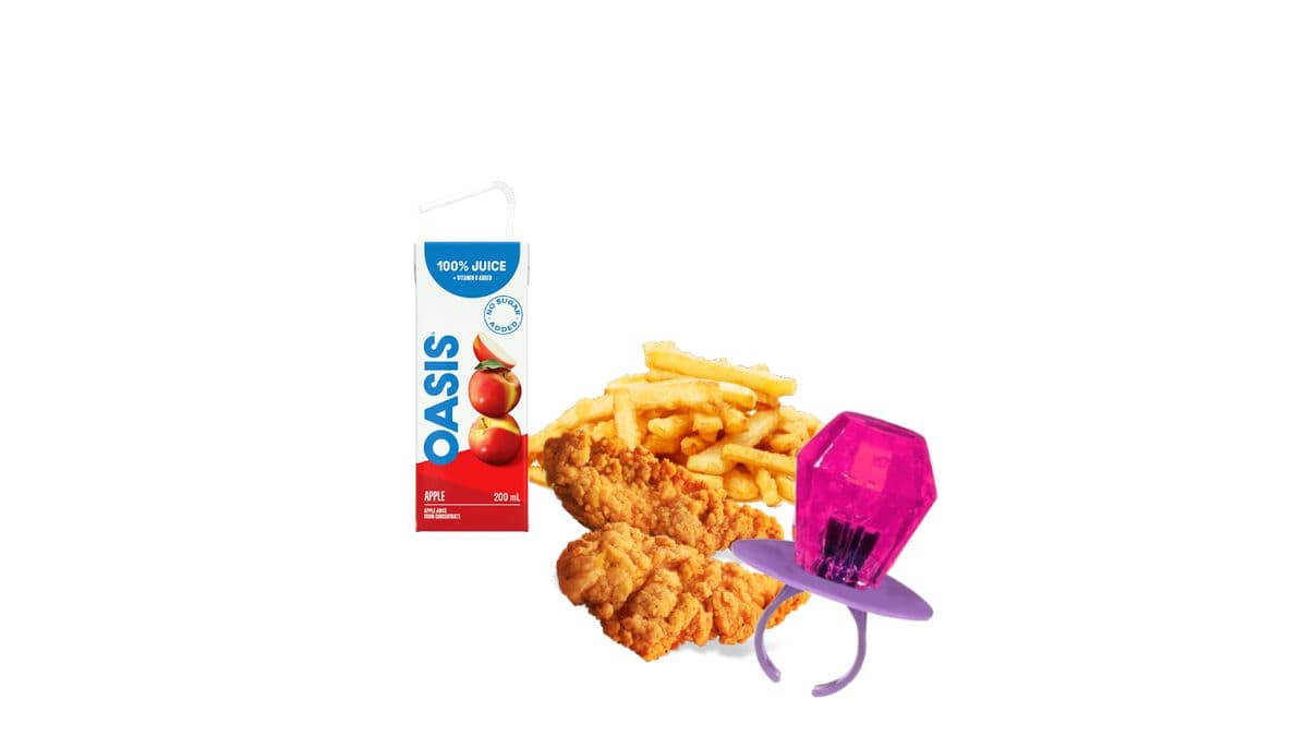 Repas 2 lanières de poulet Enfant (2 lanières, frites, jus, et bonbon RingPop)