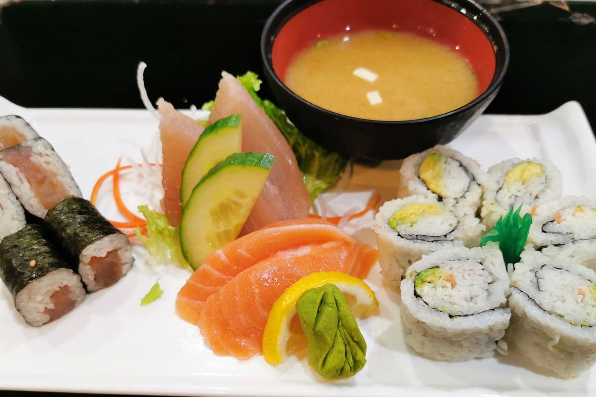 C9. Tuna and Salmon Sashimi (4 pcs), California Roll, Edamame, and Miso Soup Combo