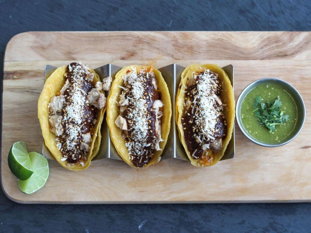Three Tacos Pollo Mole Rojo