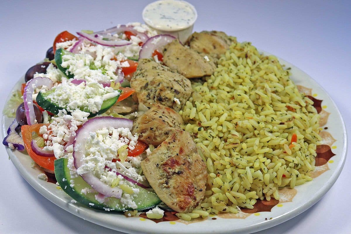 Chicken Mini Souvlaki with Greek salad and Greek rice