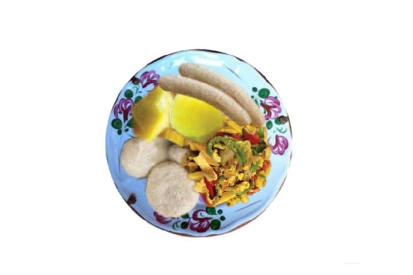 Ackee and Saltfish with Dumpling, Yam, Green Banana and Hardo Bread