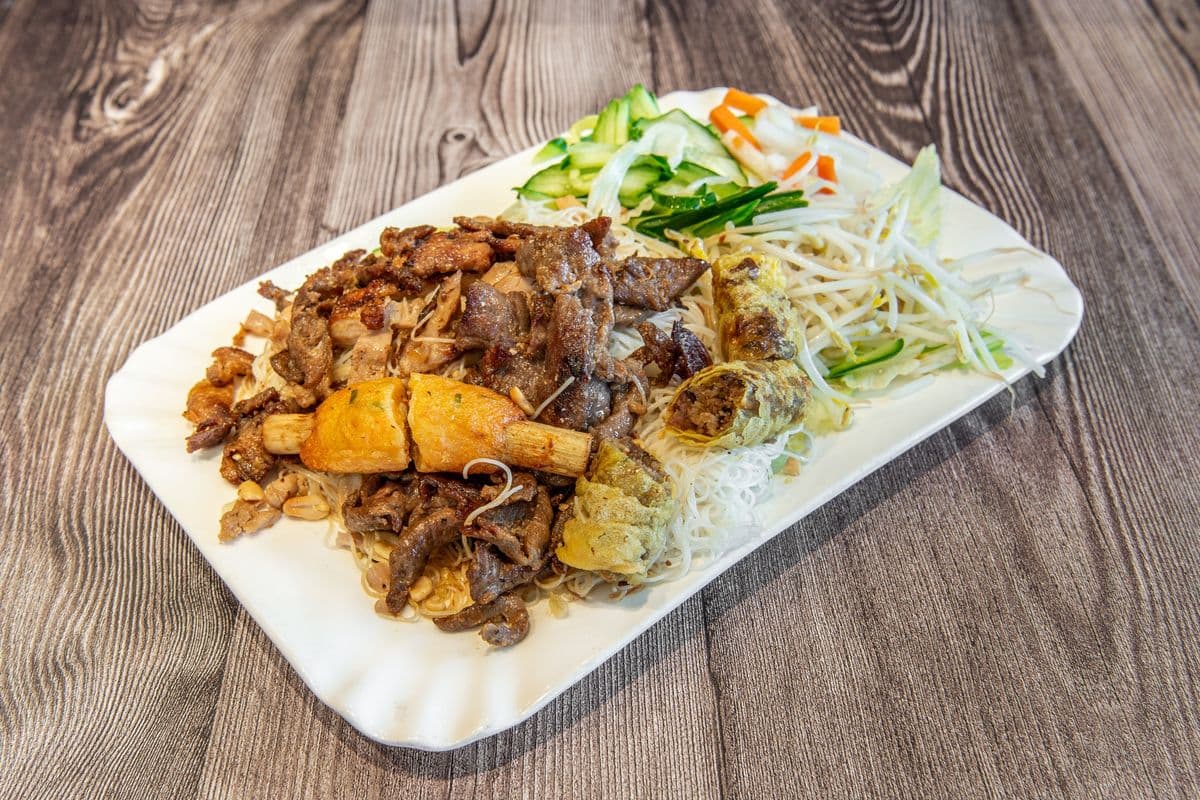 513. BBQ Chicken, Minced Shrimp on Sugarcane, and Spring Roll - Ga Nuong, Chao Tom, Cha Gio