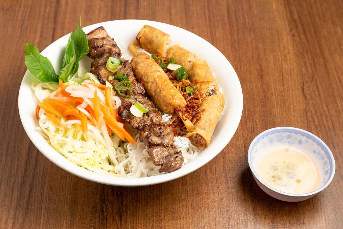 52. Grilled Pork, Prawn Sugarcane, and Spring Roll with Vermicelli - Bun Thit Nuong, Chao Tom, Cha Gio