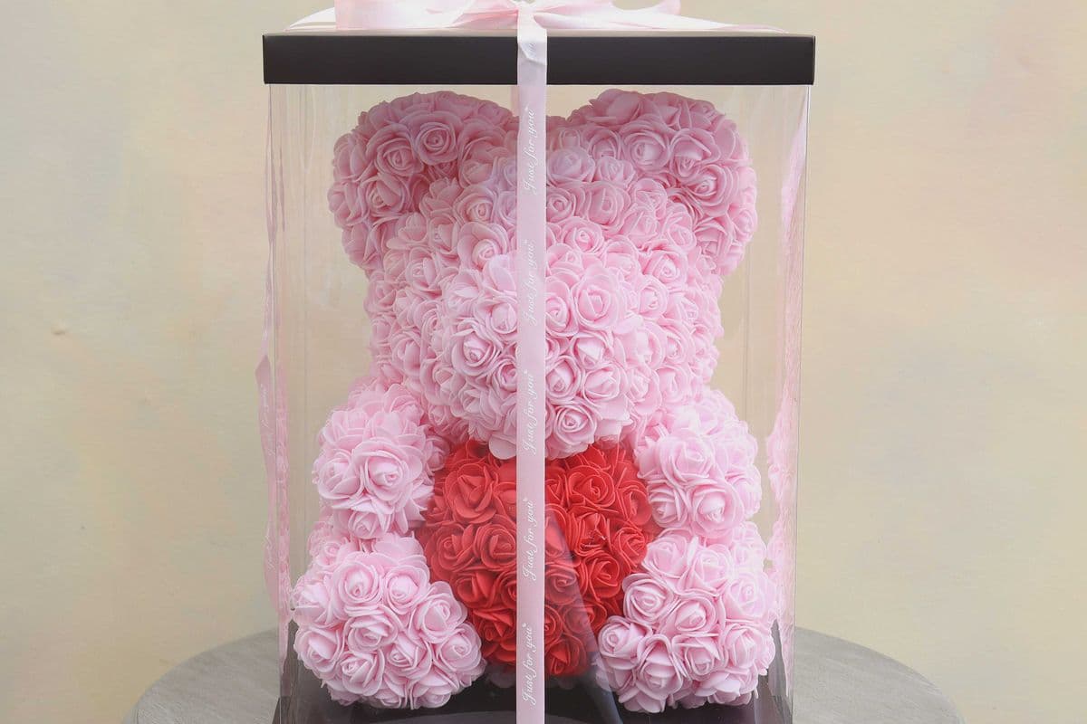 PR28. Pink Rose Bear and Hugging Red Heart