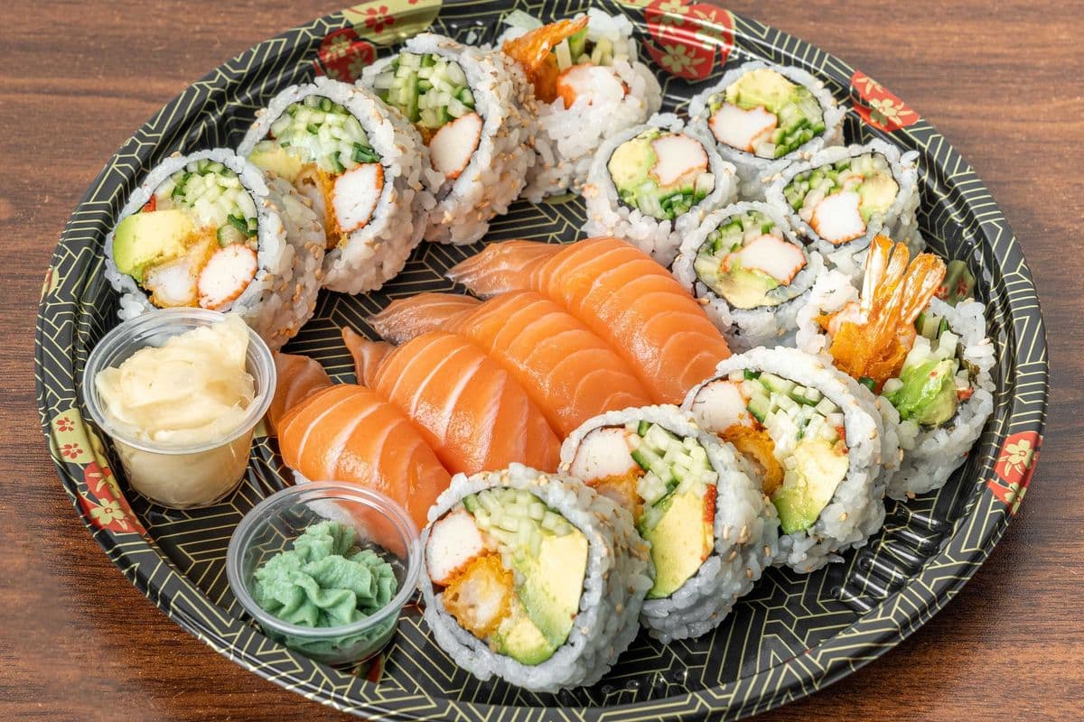 PC5. Dynamite Roll (8 pcs), California Roll (4 pcs), and Salmon Sushi (4 pcs)