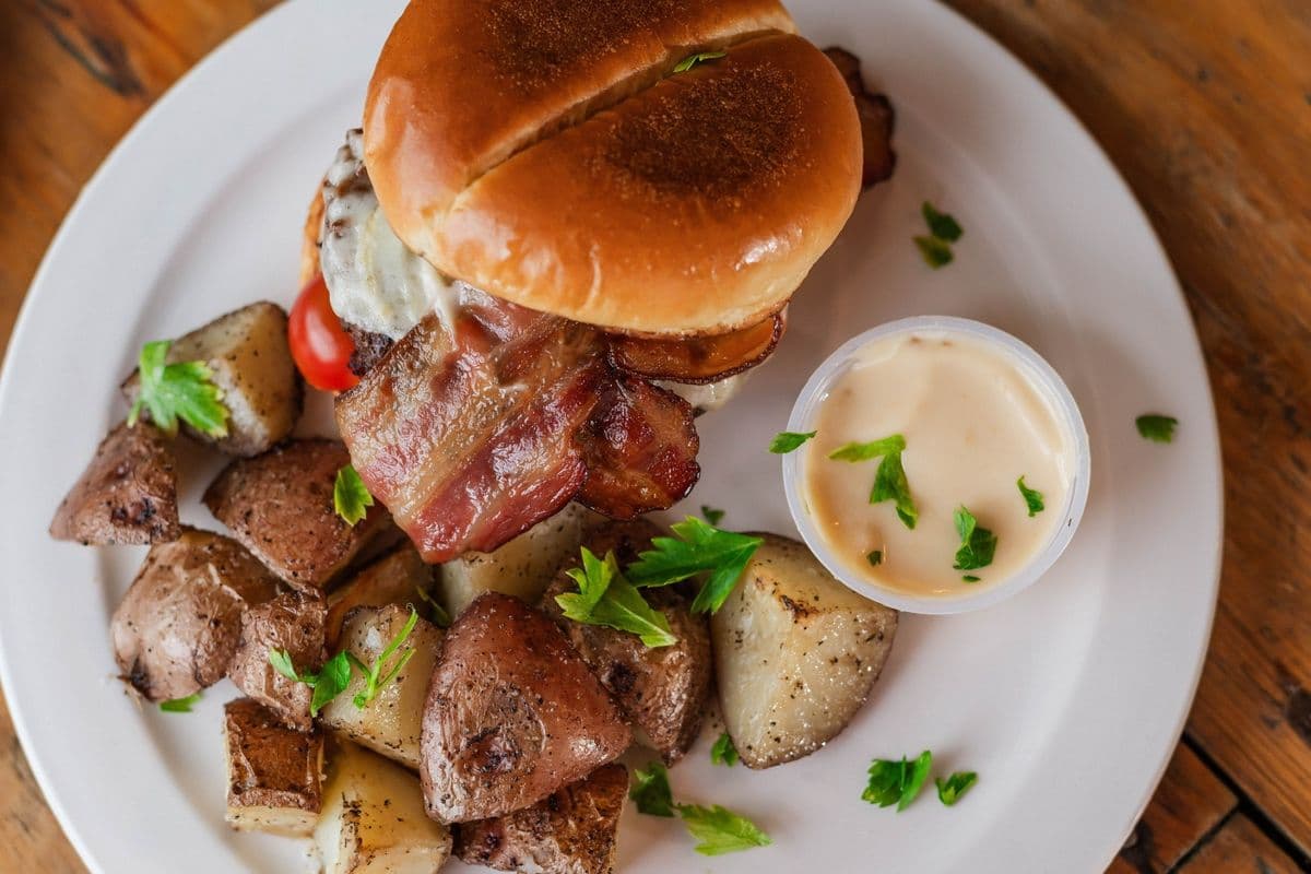 Burger and Roasted Potato Wedges