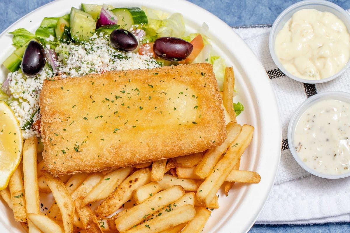 Fish and Chips with Greek Salad