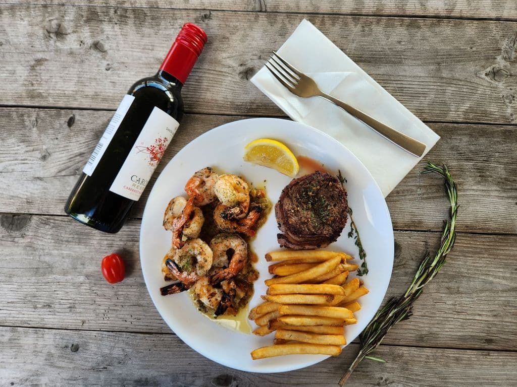 6oz AAA Bacon Wrapped Beef Medallion + Shrimp + OneSide