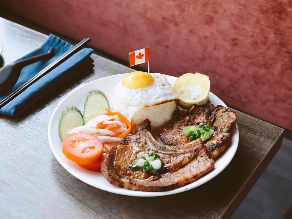 C08 - Rice with Grilled Pork Chop & Chicken, Egg Meat Loaf, Sunny Side Egg (Cơm Tấm Sườn, Gà, Chả Trứng Hấp, Ốp-La