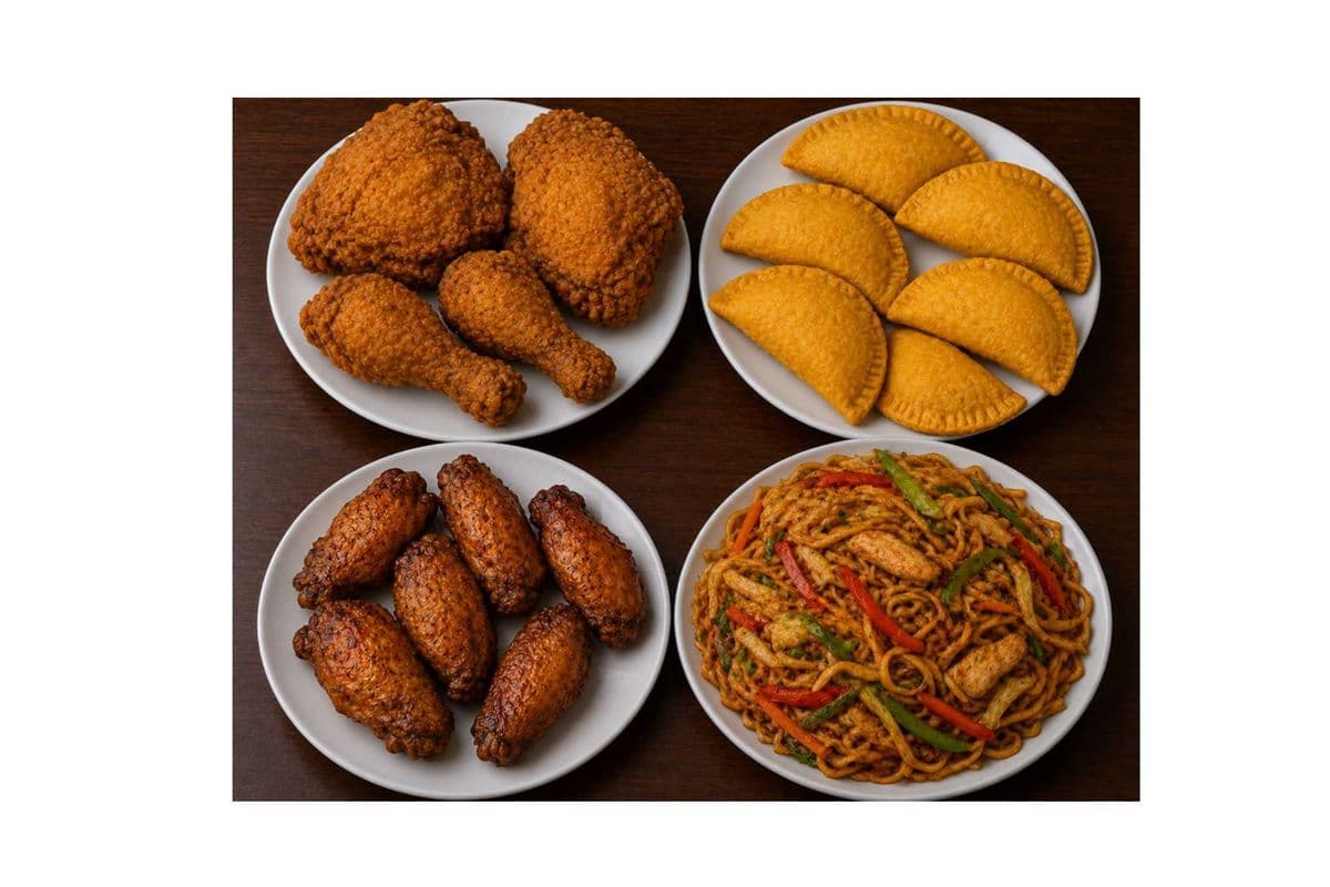 Fried Chicken (4 pcs), Chicken Stir fried Noodles, 6 Chicken Wings and 6 Chicken Patties
